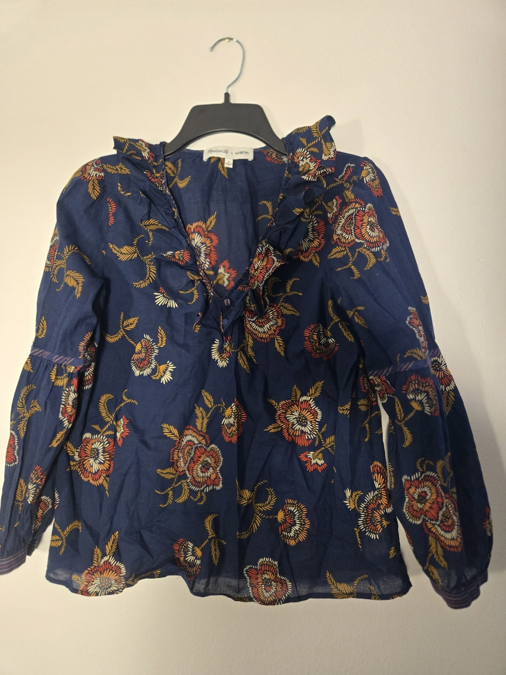 Madewell X Warm Navy Floral Ruffle-Trim Blouse